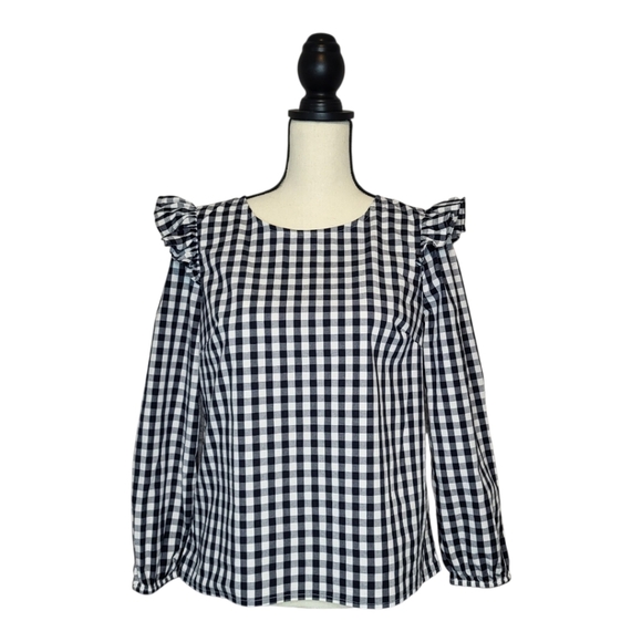 J Crew Top Blue White Plaid Long Sleeve Ruffle Shoulder Keyhole Back Size S - Picture 1 of 9